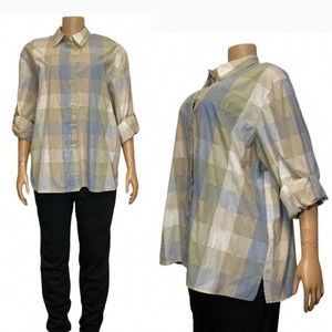 90s Allison Daley shirt stitched plaid button up sage green blue tan size 22 W